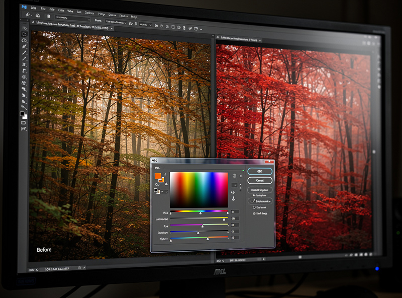 HSL panel isolating and adjusting a single color in an autumn forest photo