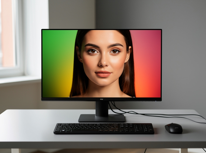 A calibrated wide-gamut editing monitor showing a color-graded portrait