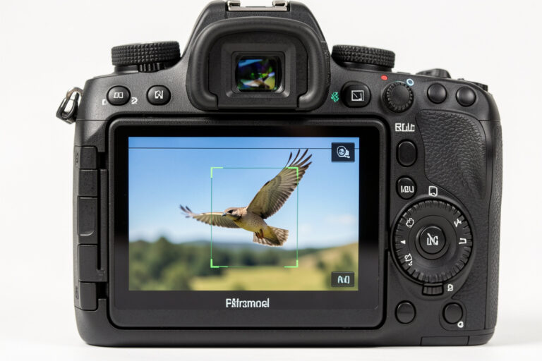 Camera screen showing continuous autofocus tracking box locked on a flying bird