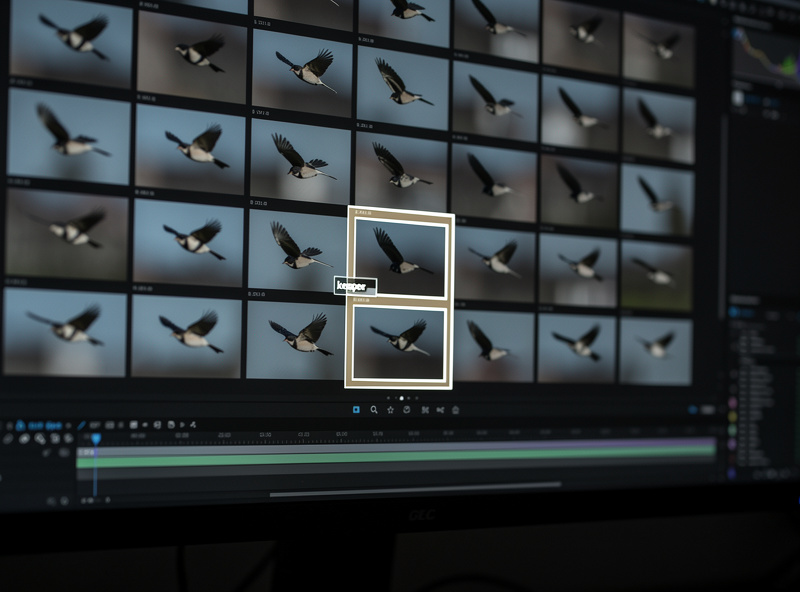 A burst of nearly identical bird-in-flight frames with one marked as the keeper