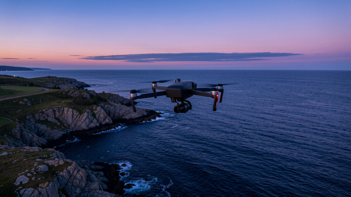 Camera drone hovering over a Swedish coastline at blue hour for aerial photography
