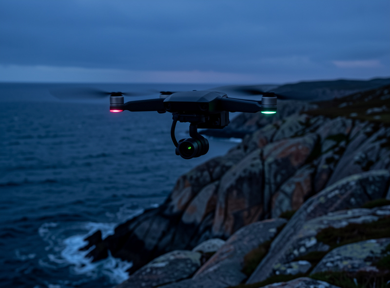 A folding camera drone hovering over a Swedish coastline at blue hour, gimbal camera angled toward the horizon