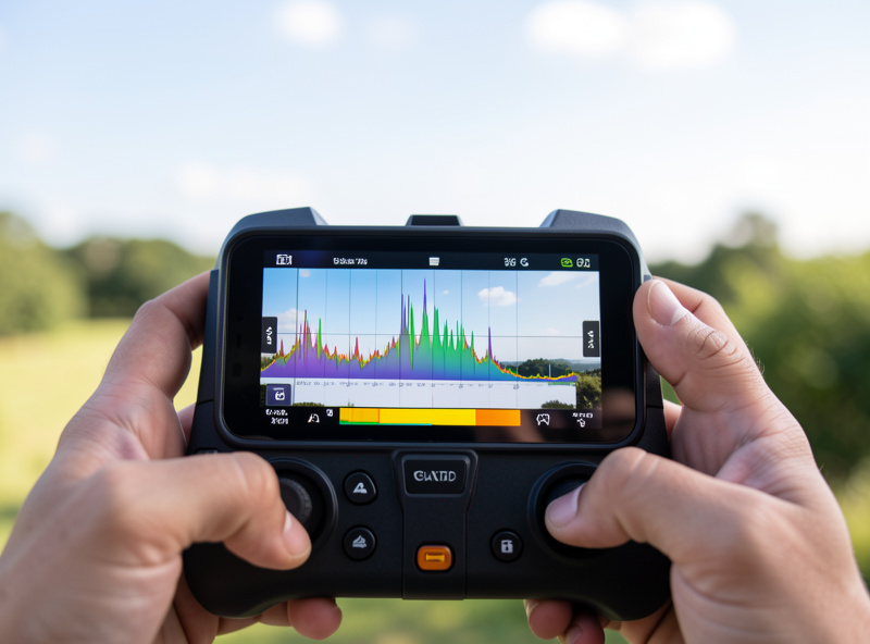 Smartphone controller screen showing a drone camera histogram and exposure readout against a bright sky