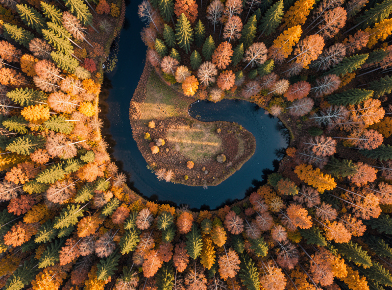 Top-down aerial view of a winding river through autumn forest, showing strong leading lines and pattern