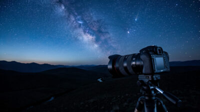 A fast f/1.4 wide-angle lens with its aperture wide open against a starry night sky