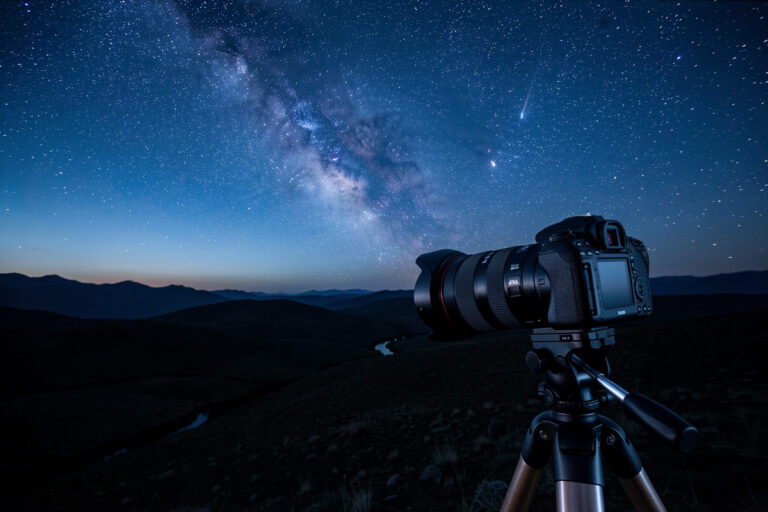 A fast f/1.4 wide-angle lens with its aperture wide open against a starry night sky