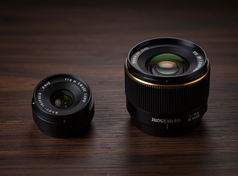 A fast wide prime lens beside a constant-aperture wide zoom lens on a dark surface