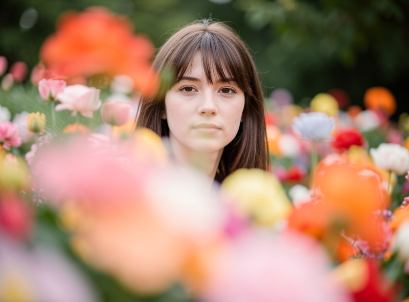 Portrait shot through out-of-focus colorful flowers in the foreground forming a soft wash around a sharp subject