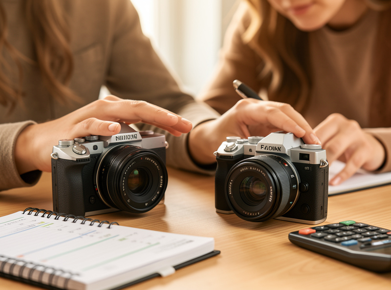 Two camera bodies, a planner, and a calculator on a desk while deciding between a side-job and full-time photography business