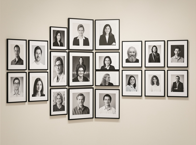 A focused niche portfolio of consistent portrait prints arranged on a wall