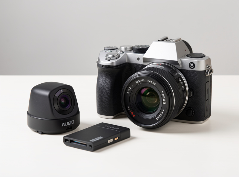 A backup camera body and portable storage drive beside a primary mirrorless camera for reliability