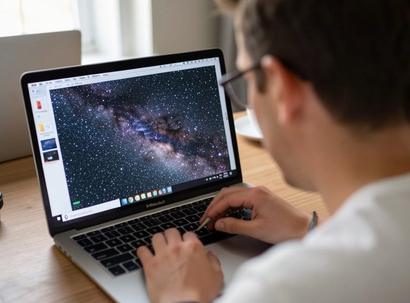 A photographer examining the magnified corner of a star image on a laptop to check for coma