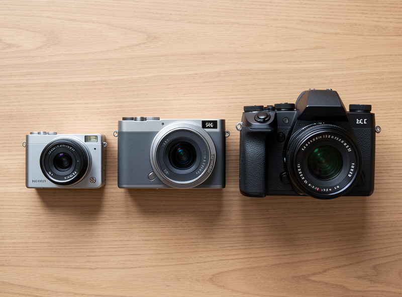 Three travel cameras of different sizes lined up on a wooden surface: a compact premium camera, a small mirrorless body with a pancake zoom, and a larger full-frame body with a standard zoom