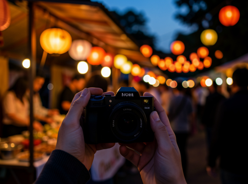 A small mirrorless camera held steady at twilight photographing a glowing market stall, motion-free despite low light, demonstrating in-body stabilization