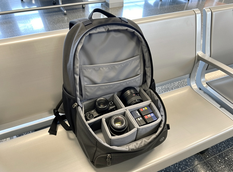 A camera backpack open on an airport bench showing padded compartments holding a mirrorless body, two lenses, and batteries, ready to go through security as carry-on