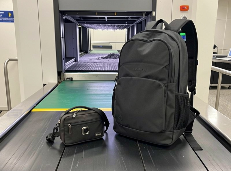 A photographer placing a small under-seat camera sling bag and a larger carry-on backpack onto an airport security conveyor belt, distributing gear across two bags