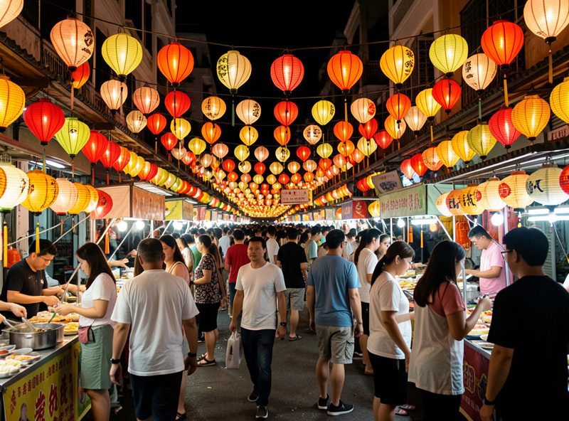 A hand-held travel photograph of a glowing night market street, warm lights and people, sharp despite the low light, demonstrating travel night settings