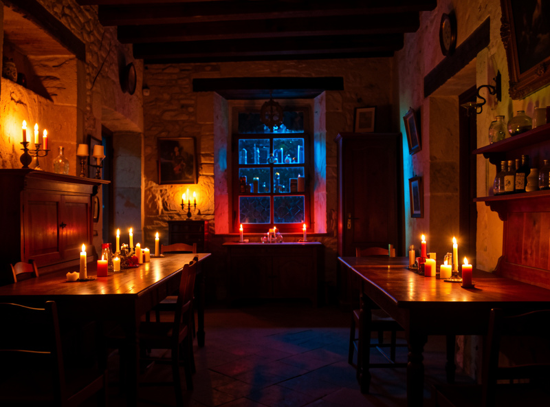A warm-toned night photograph of a candlelit interior with mixed warm and cool light sources, white balance preserving the inviting atmosphere of the scene