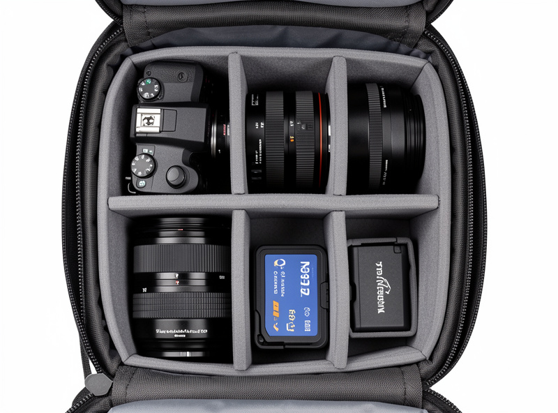 A camera backpack packed neatly with a mirrorless body, lenses in padded dividers, batteries and cards in a small case, and accessories organized in compartments