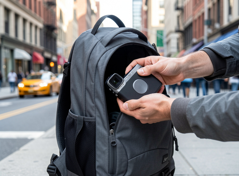 A photographer reaching into a side-access opening of a camera backpack to pull out a mirrorless body quickly without removing the bag, demonstrating fast access packing
