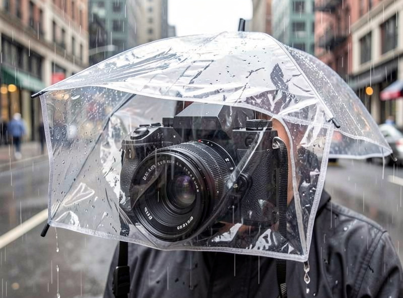 A weather-sealed mirrorless camera with a clear rain cover over it being used in light rain on a city street, water droplets visible, gear protected and still shooting