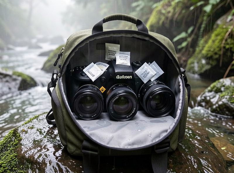 A camera bag with silica gel packets tucked inside next to lenses, sitting closed to let gear acclimate, illustrating condensation prevention in humid travel