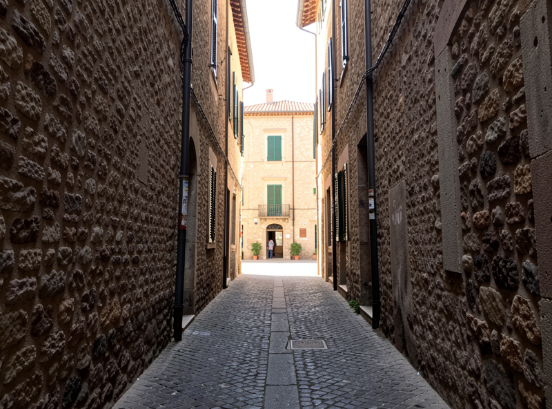 A photographer framing a narrow alley in an old town, using the walls as natural leading lines toward a bright square at the end, demonstrating travel composition