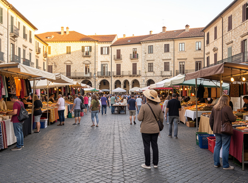 A wide environmental travel photograph of a market square with a vendor in the foreground and historic buildings behind, conveying the atmosphere of the place