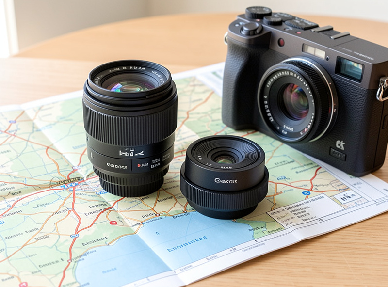 A travel zoom lens and a small fast prime lens lying side by side on a map, with a compact mirrorless body, illustrating the two-lens travel kit