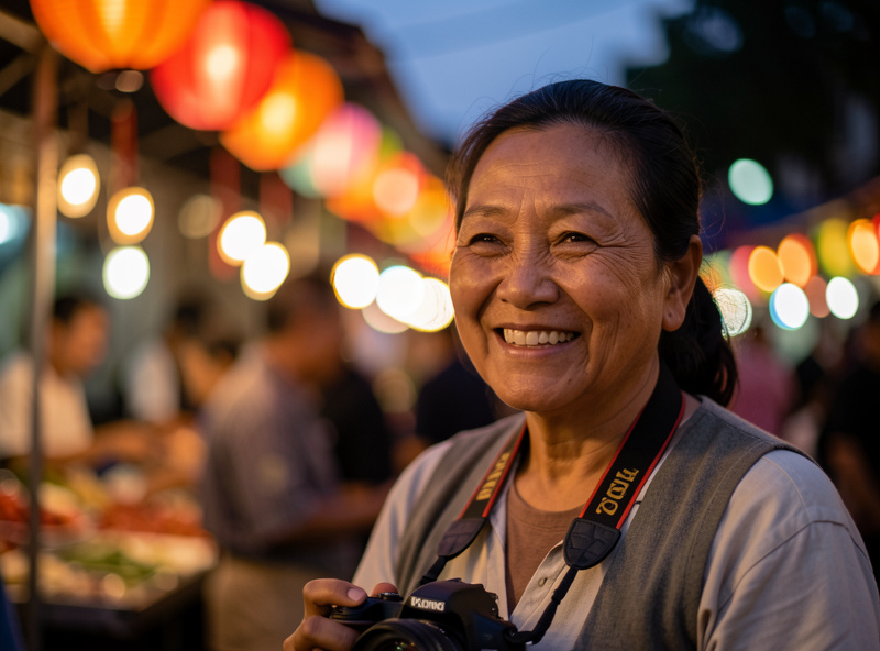 A photographer using a small fast prime lens to shoot a portrait of a market vendor at dusk, soft blurred lantern lights behind, shallow depth of field