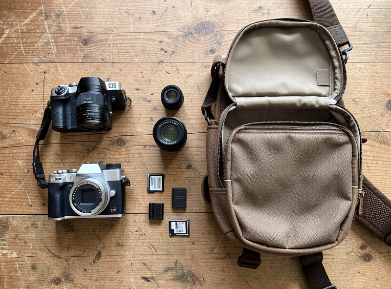 A compact mirrorless travel kit laid out on a wooden table: one camera body, a travel zoom lens, a small prime, spare batteries and memory cards, packed beside an open camera bag
