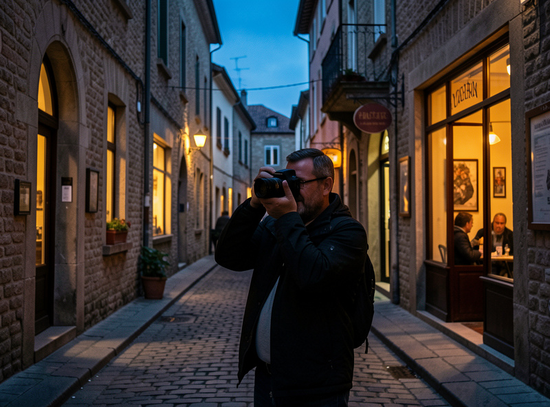 A photographer composing a shot of a narrow old-town street at blue hour, warm window light glowing, camera held to the eye with a relaxed stance