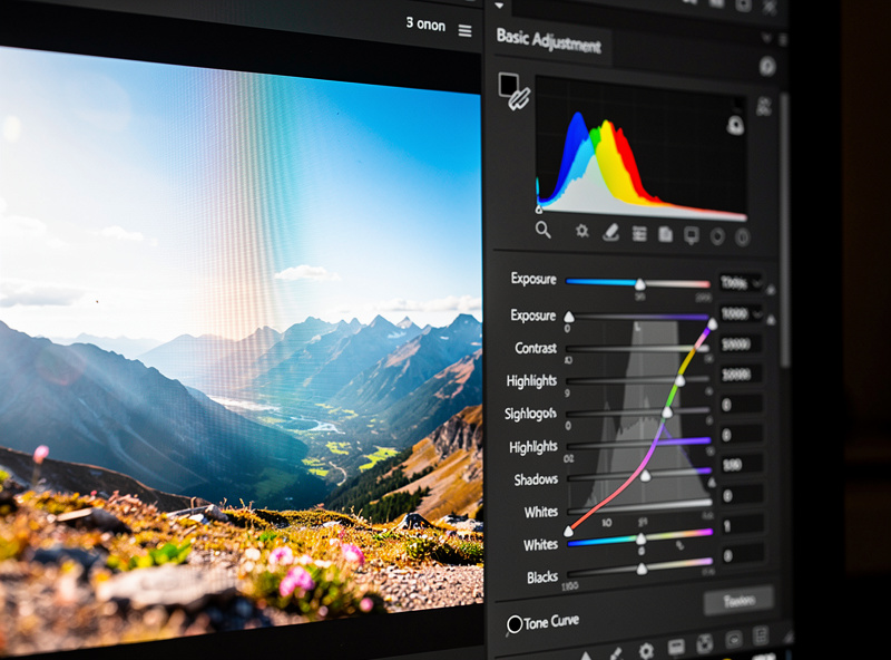 Tone curve and basic panel adjusting a landscape exposure in editing software