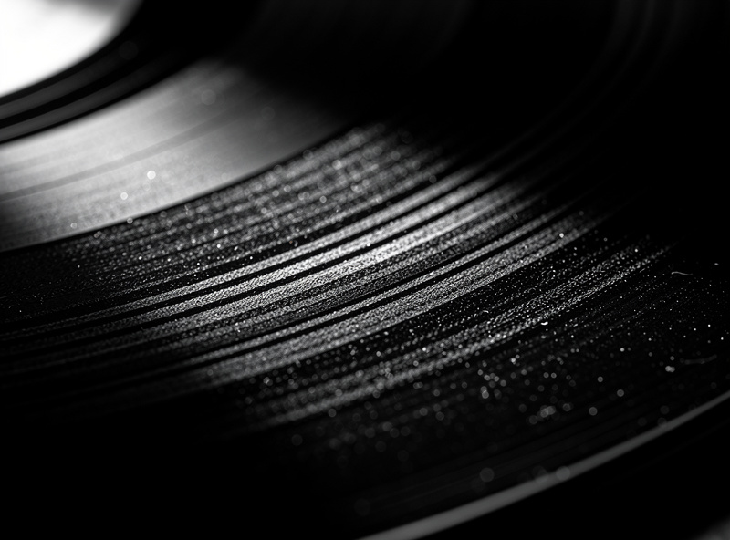 Macro photograph of vinyl record grooves with raking light revealing modulation texture, warm vinyl tones, shallow depth of field on stylus