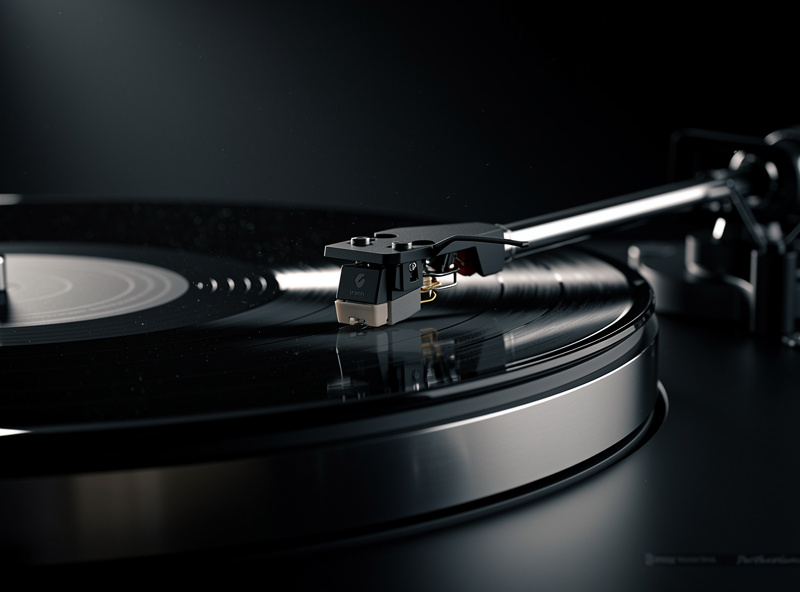 Vinyl record on turntable platter with tonearm and cartridge, warm analog aesthetic, dramatic side lighting, editorial product photography