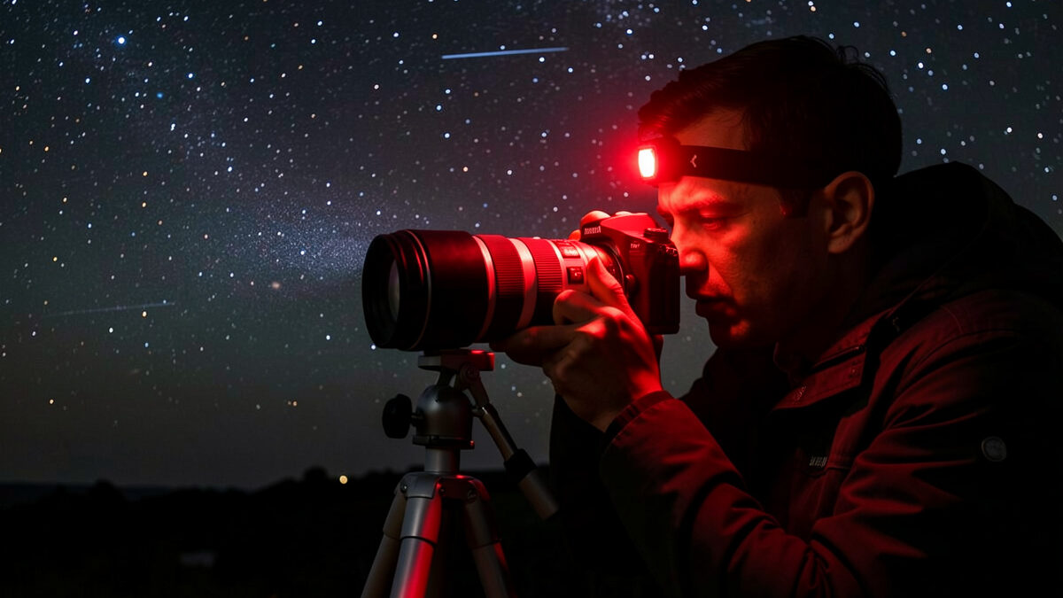 Photographer manually focusing a lens on a bright star using live-view magnification at night