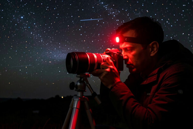 Photographer manually focusing a lens on a bright star using live-view magnification at night