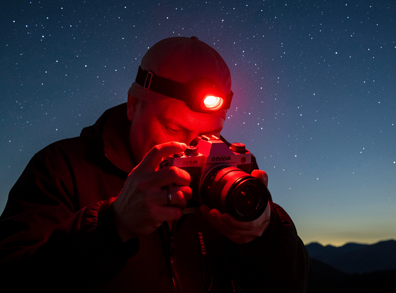 A photographer using a red headlamp to adjust camera settings under a starry sky