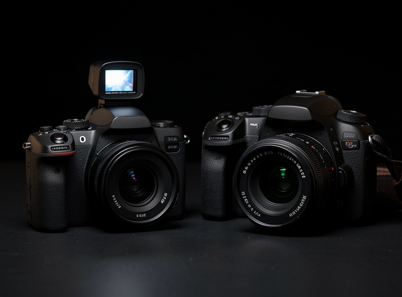 A mirrorless camera and a DSLR side by side on tripods pointed at a starry night sky