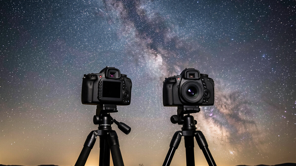 Mirrorless camera and a DSLR side by side set up for Milky Way photography under the stars
