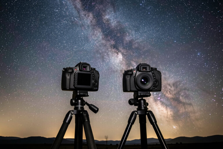 Mirrorless camera and a DSLR side by side set up for Milky Way photography under the stars
