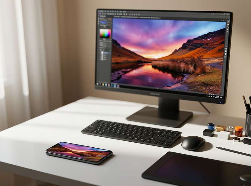 A phone edit being checked against the same image on a calibrated desktop monitor