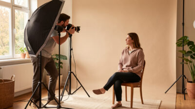 Photographer adjusting an off-camera flash with umbrella in a home studio setup
