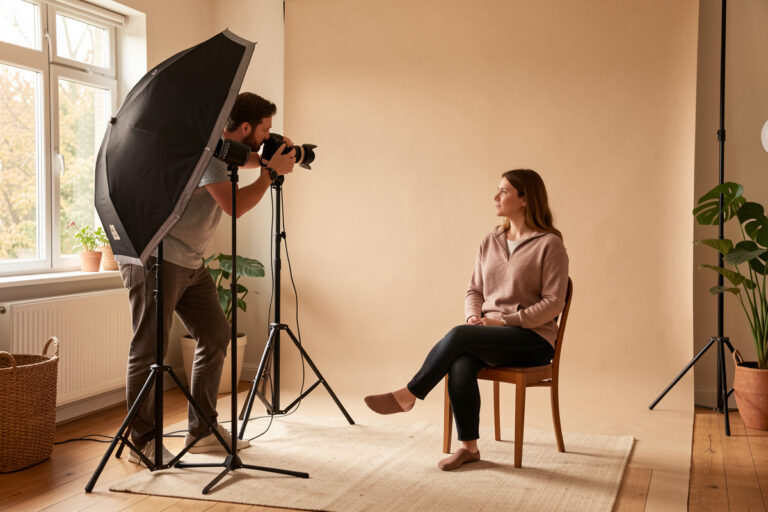 Photographer adjusting an off-camera flash with umbrella in a home studio setup