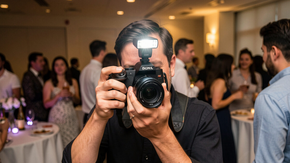 Photographer using a hot-shoe speedlight with bounce flash at an indoor event