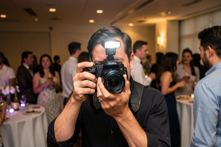 Photographer using a hot-shoe speedlight with bounce flash at an indoor event
