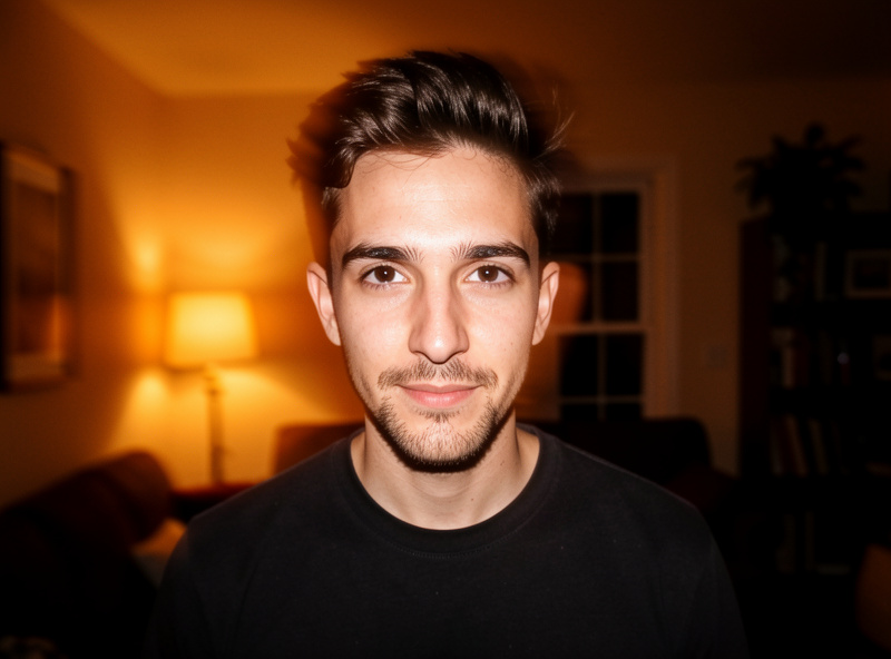 Evening indoor portrait shot with dragged shutter, warm ambient room light preserved behind a flash-lit subject