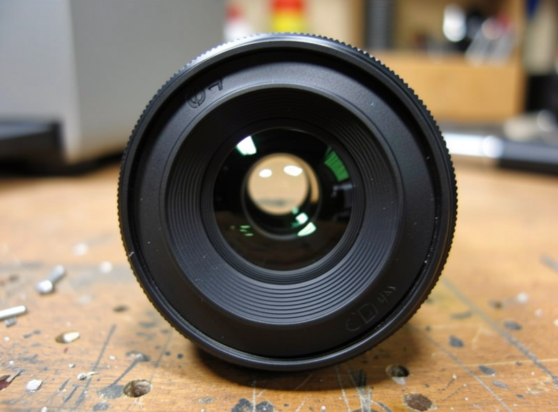 Close-up of a modern camera lens front element with a glossy aspherical surface on a workbench