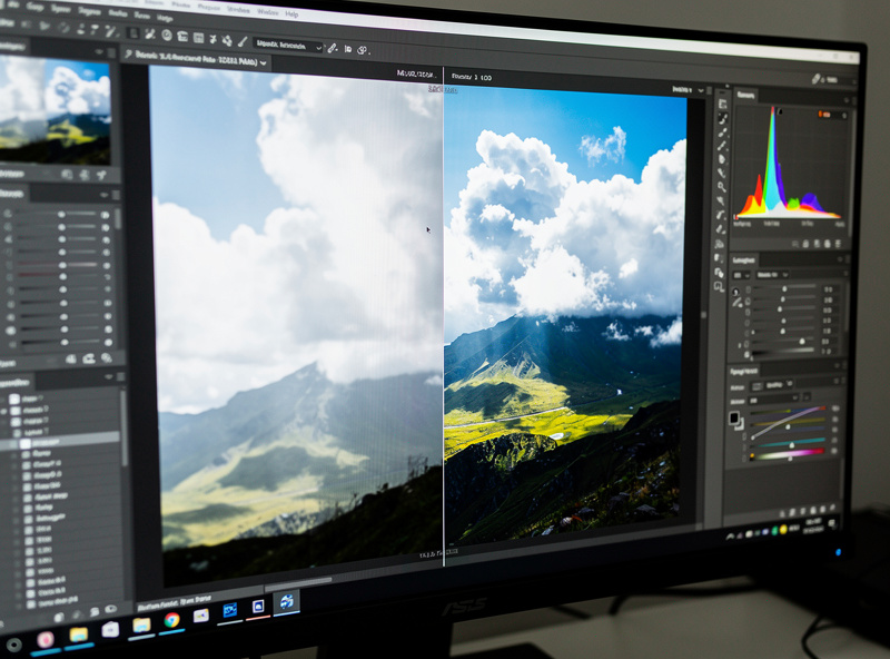 Before and after split view of a landscape RAW file in editing software