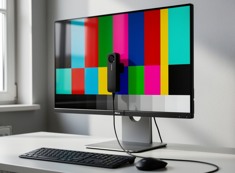 Hardware color calibration device on a monitor displaying a color test pattern
